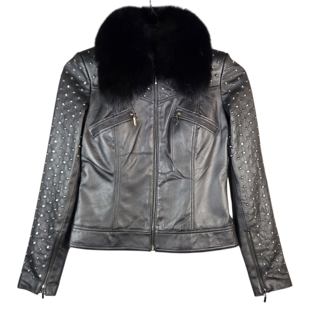 Cache Genuine Leather Studded Jacket Womens 10 Black Fur Collar Moto $698